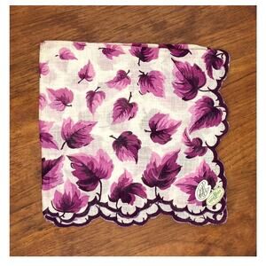 Vintage Irish Linen Handkerchief Purple Leaves Hand Printed Never Used Labels